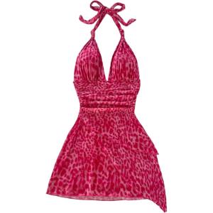 imageSOLY HUX Womens Sexy Leopard Print Halter V Neck Mini Dress Retro Backless Fitted Bodycon DressesPink Leopard