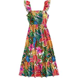 imageSOLY HUX Womens Summer Tropical Midi Dresses Square Neck Beach ALine Sun Casual Boho Floral Print Flowy Long DressGreen Multi