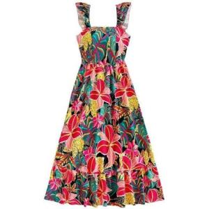 imageSOLY HUX Womens Summer Tropical Midi Dresses Square Neck Beach ALine Sun Casual Boho Floral Print Flowy Long DressMulticolor