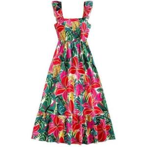 imageSOLY HUX Womens Summer Tropical Midi Dresses Square Neck Beach ALine Sun Casual Boho Floral Print Flowy Long DressPink Multi