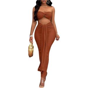 imageSOLY HUX Womens Twist Cut Out Bodycon Maxi Dress Strapless Sleeveless Tie Front Split Tube DressesSolid Rust Brown