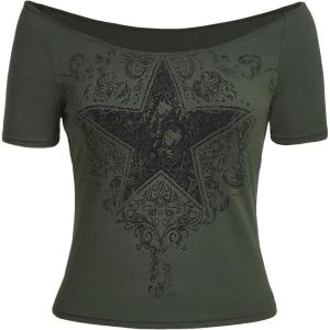 imageSOLY HUX Womens Y2k Graphic Tees Crop Tops Star Print Off Shoulder Short Sleeve T ShirtsArmy Green Star