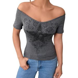 imageSOLY HUX Womens Y2k Graphic Tees Crop Tops Star Print Off Shoulder Short Sleeve T ShirtsDark Grey Star