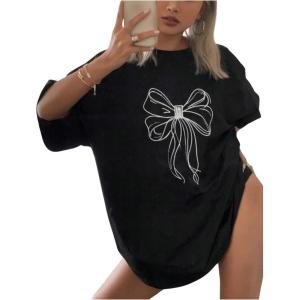 imageSOLY HUX Womens Y2k Oversized Graphic Tees Short Sleeve Drop Shoulder Bow Print Loose T Shirt TopsBlack Bow