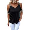 imageSOLY HUX Womens Cold Shoulder V Neck Short Sleeve T Shirt Contrast Sequin Tee TopsSolid Black
