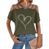 imageSOLY HUX Womens Heart Rhinestone Cold Shoulder Short Sleeve Tee Cut Out T Shirt TopArmy Green Heart