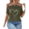 imageSOLY HUX Womens Heart Rhinestone Cold Shoulder Short Sleeve Tee Cut Out T Shirt TopArmy Green Heart