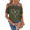 imageSOLY HUX Womens Heart Rhinestone Cold Shoulder Short Sleeve Tee Cut Out T Shirt TopArmy Green Heart