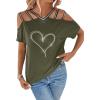 imageSOLY HUX Womens Heart Rhinestone Cold Shoulder Short Sleeve Tee Cut Out T Shirt TopArmy Green Heart