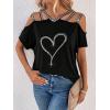 imageSOLY HUX Womens Heart Rhinestone Cold Shoulder Short Sleeve Tee Cut Out T Shirt TopBlack Heart