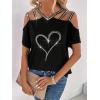 imageSOLY HUX Womens Heart Rhinestone Cold Shoulder Short Sleeve Tee Cut Out T Shirt TopBlack Heart