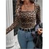 imageSOLY HUX Womens Leopard Print T Shirt Square Neck Long Sleeve Ruched Tee Y2k TopsBrown Leopard