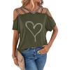 imageSOLY HUX Womens Heart Rhinestone Cold Shoulder Short Sleeve Tee Cut Out T Shirt TopArmy Green Heart