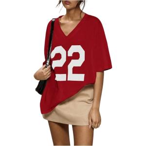 imageSOLY HUX 2024 Jersey Shirts for Women Number Graphic T Shirt V Neck Half Sleeve Oversized Tees Summer Streetwear TopsRed Letter