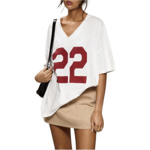 imageSOLY HUX 2024 Jersey Shirts for Women Number Graphic T Shirt V Neck Half Sleeve Oversized Tees Summer Streetwear TopsWhite Letter
