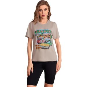 imageSOLY HUX Womens Car ampamp Letter Graphic Print TShirt Casual Summer Short Sleeve TopKhaki Letter Printed Graphic