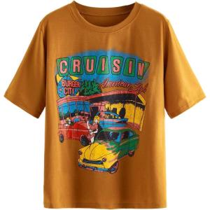 imageSOLY HUX Womens Car ampamp Letter Graphic Print TShirt Casual Summer Short Sleeve TopYellow