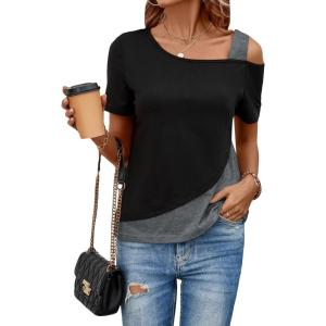 imageSOLY HUX Womens Color Block Tee Cold Shoulder Short Sleeve T Shirts TopsBlack and Grey