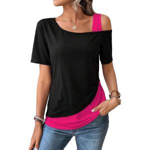 imageSOLY HUX Womens Color Block Tee Cold Shoulder Short Sleeve T Shirts TopsBlack and Hotpink