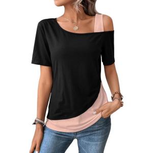imageSOLY HUX Womens Color Block Tee Cold Shoulder Short Sleeve T Shirts TopsBlack and Pink