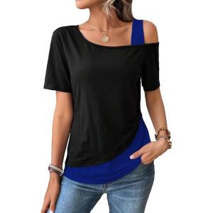 imageSOLY HUX Womens Color Block Tee Cold Shoulder Short Sleeve T Shirts TopsBlack and Royal Blue