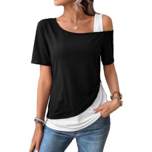 imageSOLY HUX Womens Color Block Tee Cold Shoulder Short Sleeve T Shirts TopsBlack and White