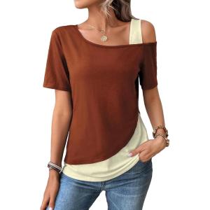 imageSOLY HUX Womens Color Block Tee Cold Shoulder Short Sleeve T Shirts TopsBrown and Beige