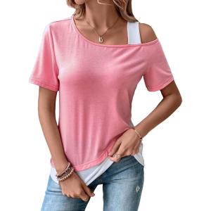 imageSOLY HUX Womens Color Block Tee Cold Shoulder Short Sleeve T Shirts TopsPink and White