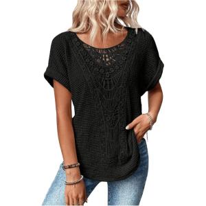 imageSOLY HUX Womens Contrast Lace T Shirt Short Sleeve Round Neck Casual Tee TopsPlain Black