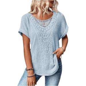 imageSOLY HUX Womens Contrast Lace T Shirt Short Sleeve Round Neck Casual Tee TopsPlain Dusty Blue