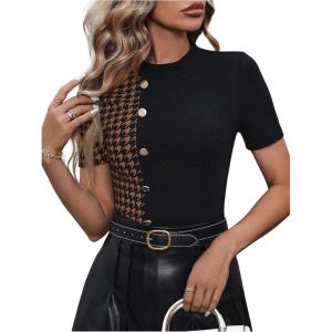 imageSOLY HUX Womens Elegant TShirts Short Sleeve Crew Neck Casual Business Tee Houndstooth TopsBrown and Black