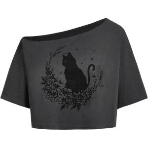 imageSOLY HUX Womens Graphic Tees Off The Shoulder Half Sleeve Loose Fit Summer TShirt Crop TopsDark Grey