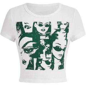 imageSOLY HUX Womens Graphic Tees Summer Figure Print Short Sleeve T Shirts Crop TopWhite and Dark Green Figure