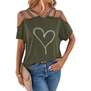 imageSOLY HUX Womens Heart Rhinestone Cold Shoulder Short Sleeve Tee Cut Out T Shirt TopArmy Green Heart