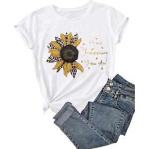 imageSOLY HUX Womens Letter Print Graphic Tees Short Sleeve Tops Casual Summer T ShirtWhite and Yellow Floral