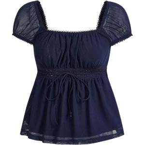 imageSOLY HUX Womens Square Neck Short Sleeve Peplum Tops Tie Front Summer Tee Shirt StreetwearDark Blue
