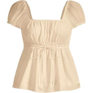 imageSOLY HUX Womens Square Neck Short Sleeve Peplum Tops Tie Front Summer Tee Shirt StreetwearSolid Apricot