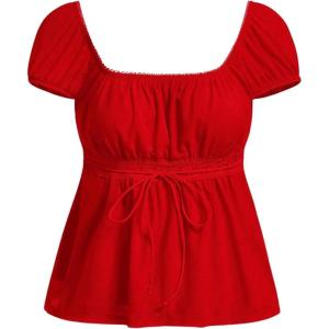 imageSOLY HUX Womens Square Neck Short Sleeve Peplum Tops Tie Front Summer Tee Shirt StreetwearSolid Red