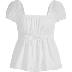 imageSOLY HUX Womens Square Neck Short Sleeve Peplum Tops Tie Front Summer Tee Shirt StreetwearSolid White