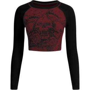 imageSOLY HUX Womens Y2K Shirt Gothic Long Sleeve Crop Tops Graphic Tees Skull Floral Print T ShirtsBurgundy Graphic