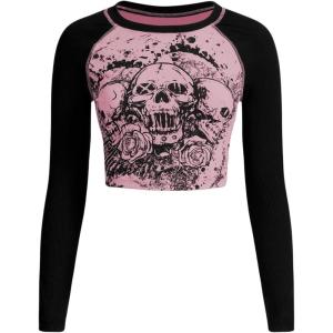 imageSOLY HUX Womens Y2K Shirt Gothic Long Sleeve Crop Tops Graphic Tees Skull Floral Print T ShirtsLight Pink Graphic