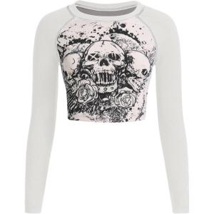 imageSOLY HUX Womens Y2K Shirt Gothic Long Sleeve Crop Tops Graphic Tees Skull Floral Print T ShirtsWhite Graphic