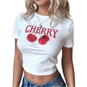 imageSOLY HUX Womens Y2K Tees Short Sleeve Cute Graphic Cherry Print Crop Tops Vintage Summer T ShirtsWhite Cherry