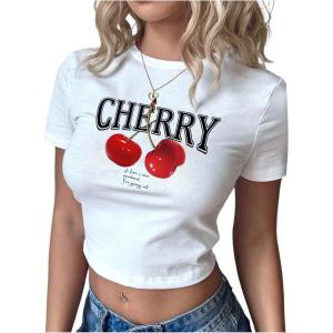imageSOLY HUX Womens Y2K Tees Short Sleeve Cute Graphic Cherry Print Crop Tops Vintage Summer T ShirtsWhite Letter Cherry