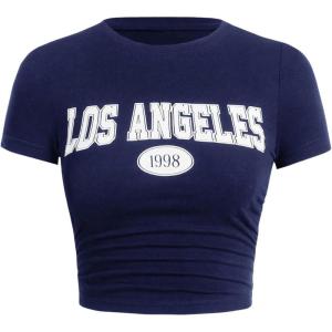 imageSOLY HUX Womens Y2K Vintage Graphic Tees Letter Printed Cropped Tee Short Sleeve Crop TShirtsDark Blue Letter