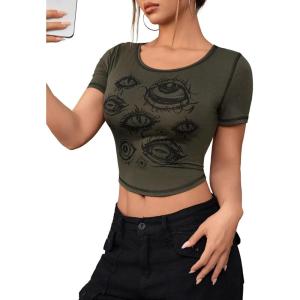 imageSOLY HUX Womens Y2k Goth Tops Graphic Vintage Eye Print Crop Tops Short Sleeve Summer Going Out Tees T ShirtsArmy Green Figure