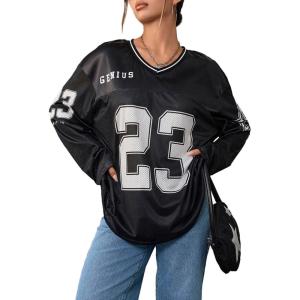 imageSOLY HUX Womens Y2k Jersey Shirts Oversized Mesh Number Graphic Tees V Neck Long Sleeve Blokette T Shirt TopsBlack Letter