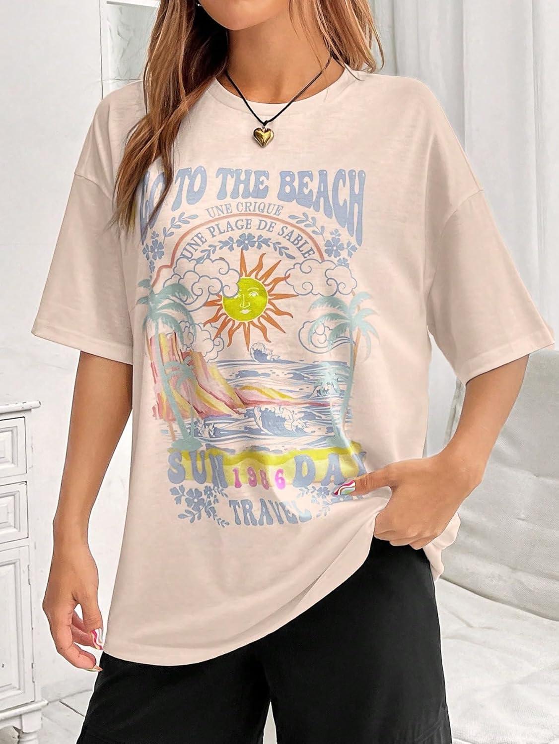 imageSOLY HUX Womens Graphic Tees Cute Print Short Sleeve Tee Preppy Clothes Casual Vintage Summer Oversized T Shirt TopKhaki Letter Multi