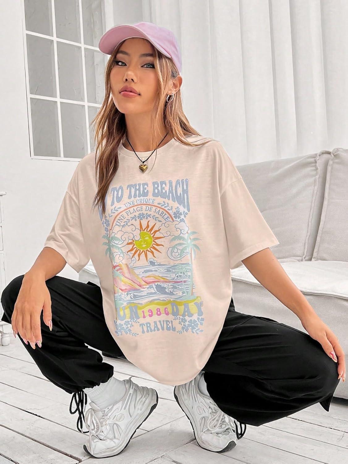 imageSOLY HUX Womens Graphic Tees Cute Print Short Sleeve Tee Preppy Clothes Casual Vintage Summer Oversized T Shirt TopKhaki Letter Multi