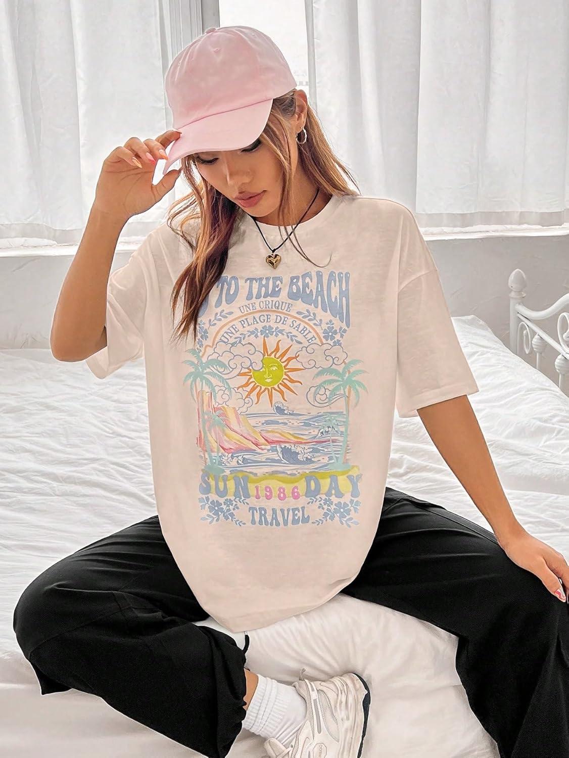 imageSOLY HUX Womens Graphic Tees Cute Print Short Sleeve Tee Preppy Clothes Casual Vintage Summer Oversized T Shirt TopKhaki Letter Multi